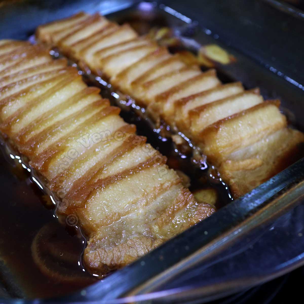Chinese red-braised pork belly (hong shao rou) cooked in the oven