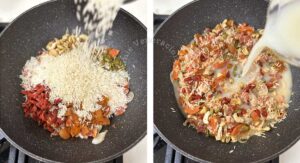 Cooking bacon and sausage pilaf in wok
