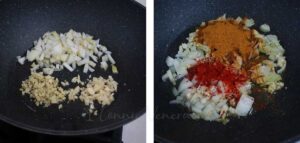 Sauteeing onion, garlic and ginger with curry powder and chili flakes