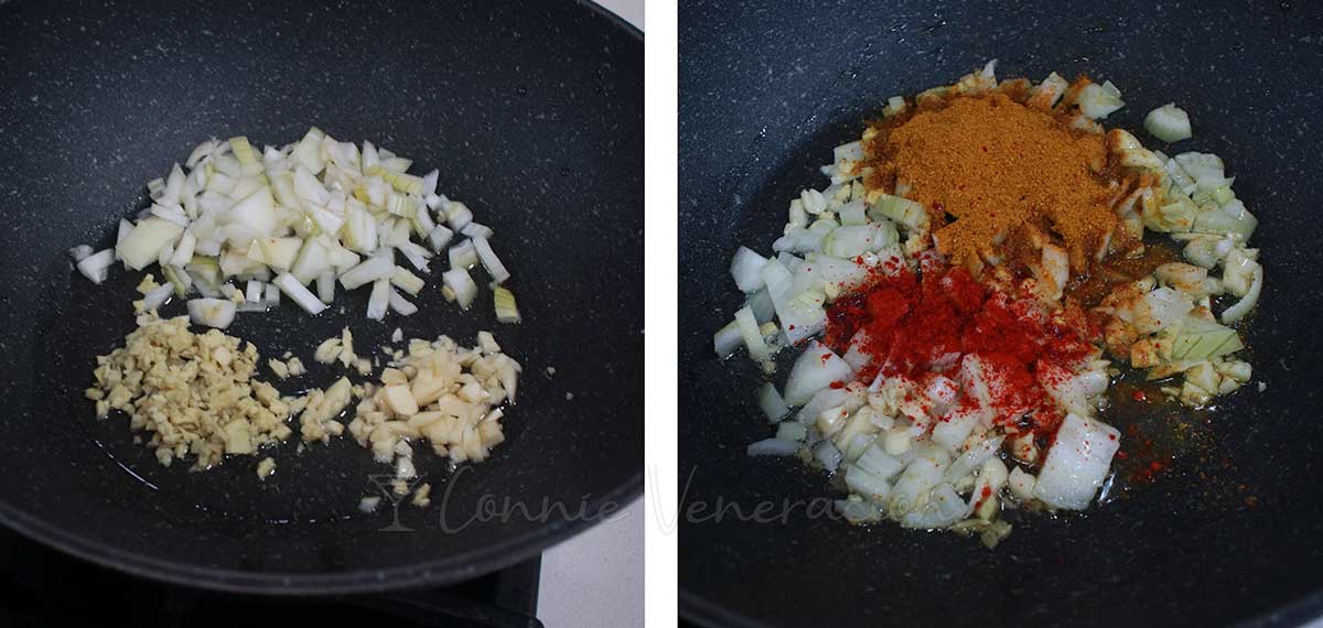 Sauteeing onion, garlic and ginger with curry powder and chili flakes