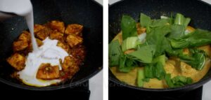 Pouring coconut cream to salmon curry before adding chopped bok choy