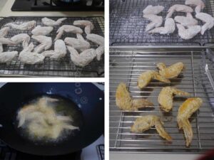 Frying chicken wings in batches and resting them on a rack