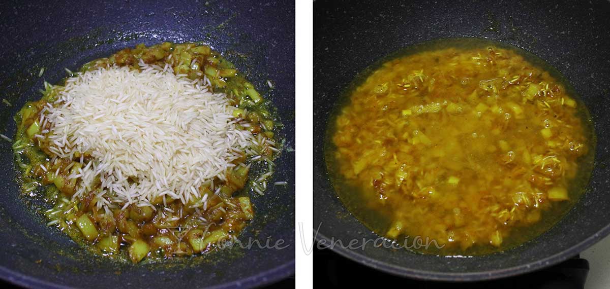 Adding long grain rice to sauteed onion and curry powder