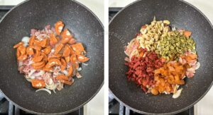 Bacon, sausage, onion, wolfberries, apricots, pumpkin seeds, cashew nuts