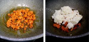 Browning sausage meat and adding rice
