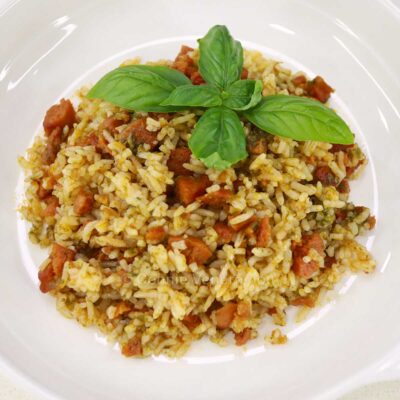 Chorizo and pesto rice