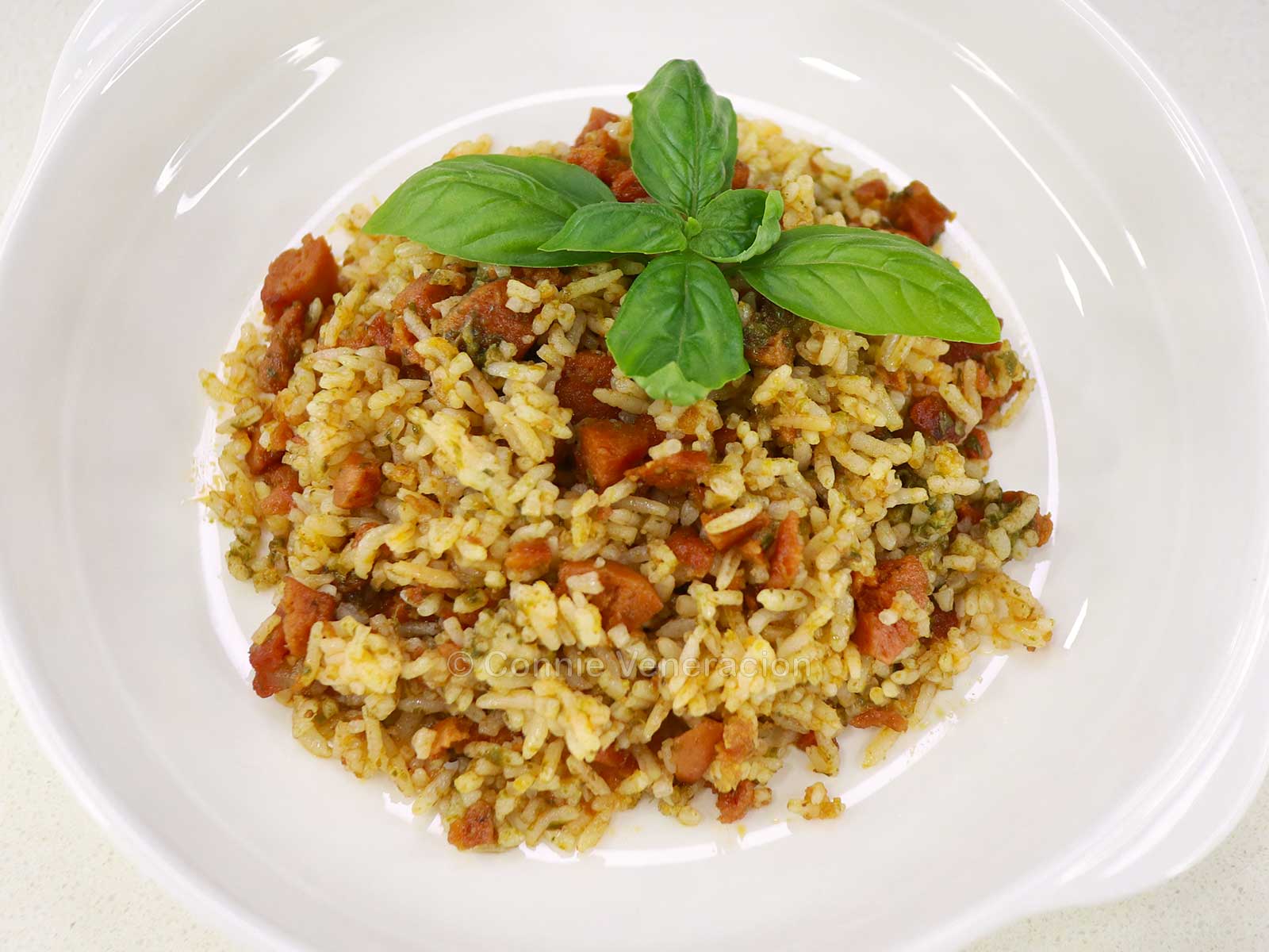 Chorizo and pesto rice