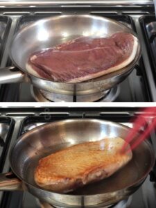 Browning duck breast fillet in pan