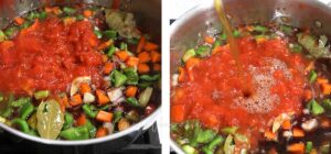 Adding tomatoes and broth to vegetables in pan