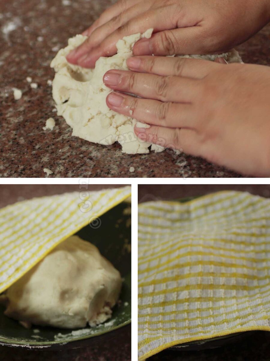 Kneading mashed taro and forming into a ball