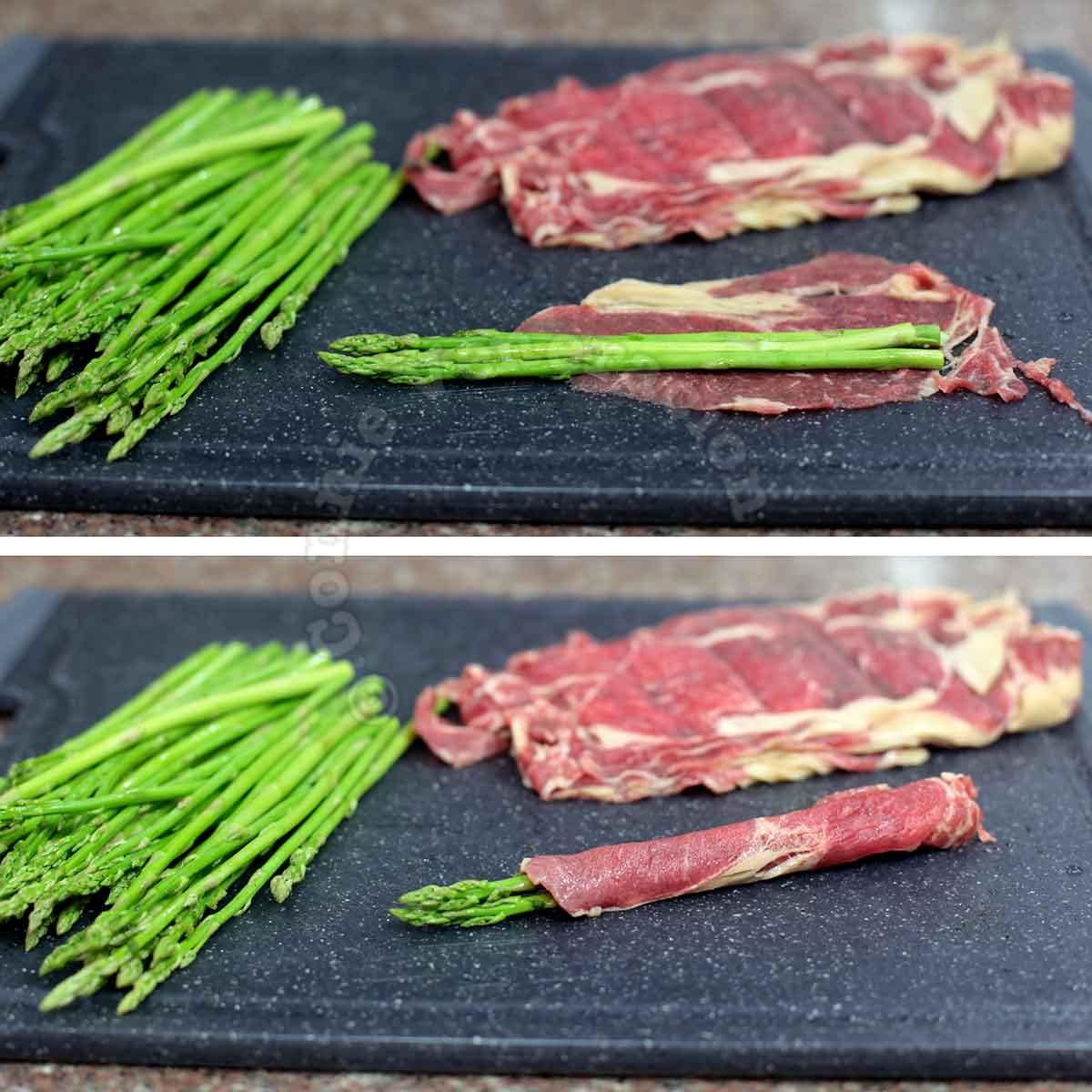 Wrapping asparagus with thin slices of beef