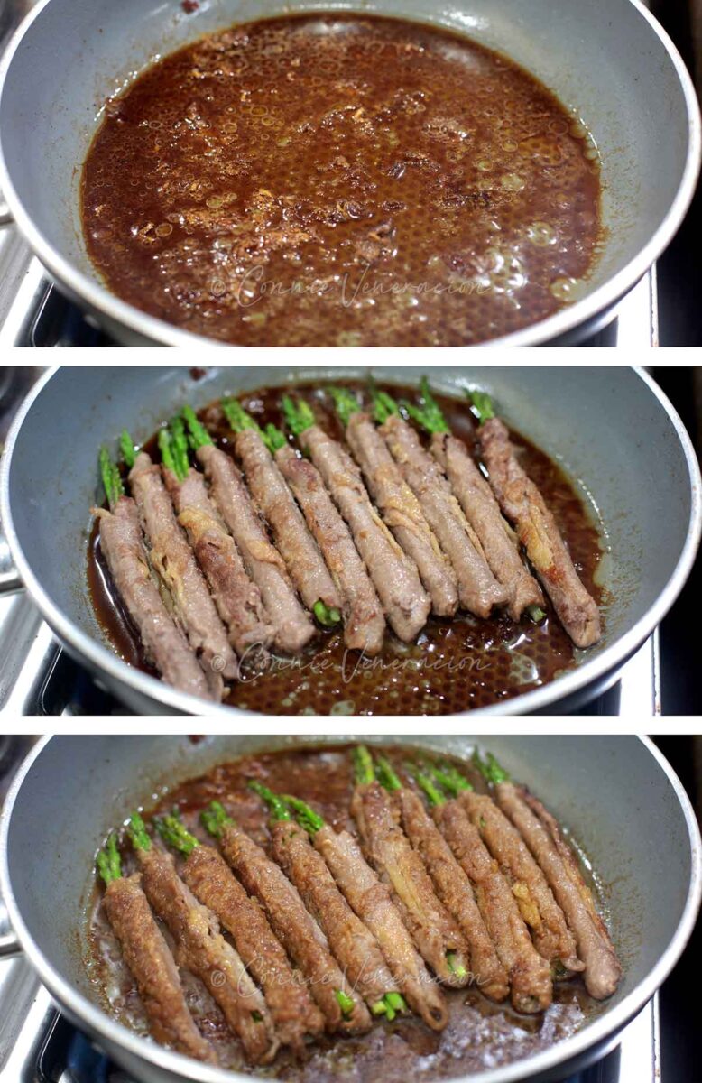 Braising browned beef-wrapped asparagus in gingery teriyaki sauce