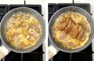 Adding sliced tonkatsu to eggs in pan
