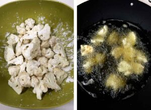 Frying caulifowers florets tossed in starch