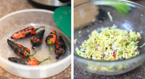 Sweating grilled bell peppers / mixing cheese filling