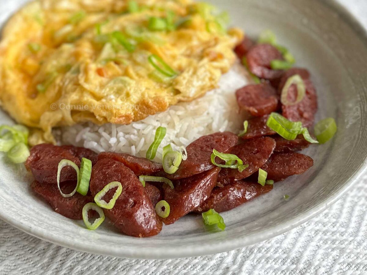Chinese sausage, egg and rice breakfast