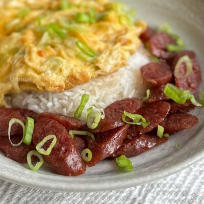 Chinese sausage, egg and rice breakfast