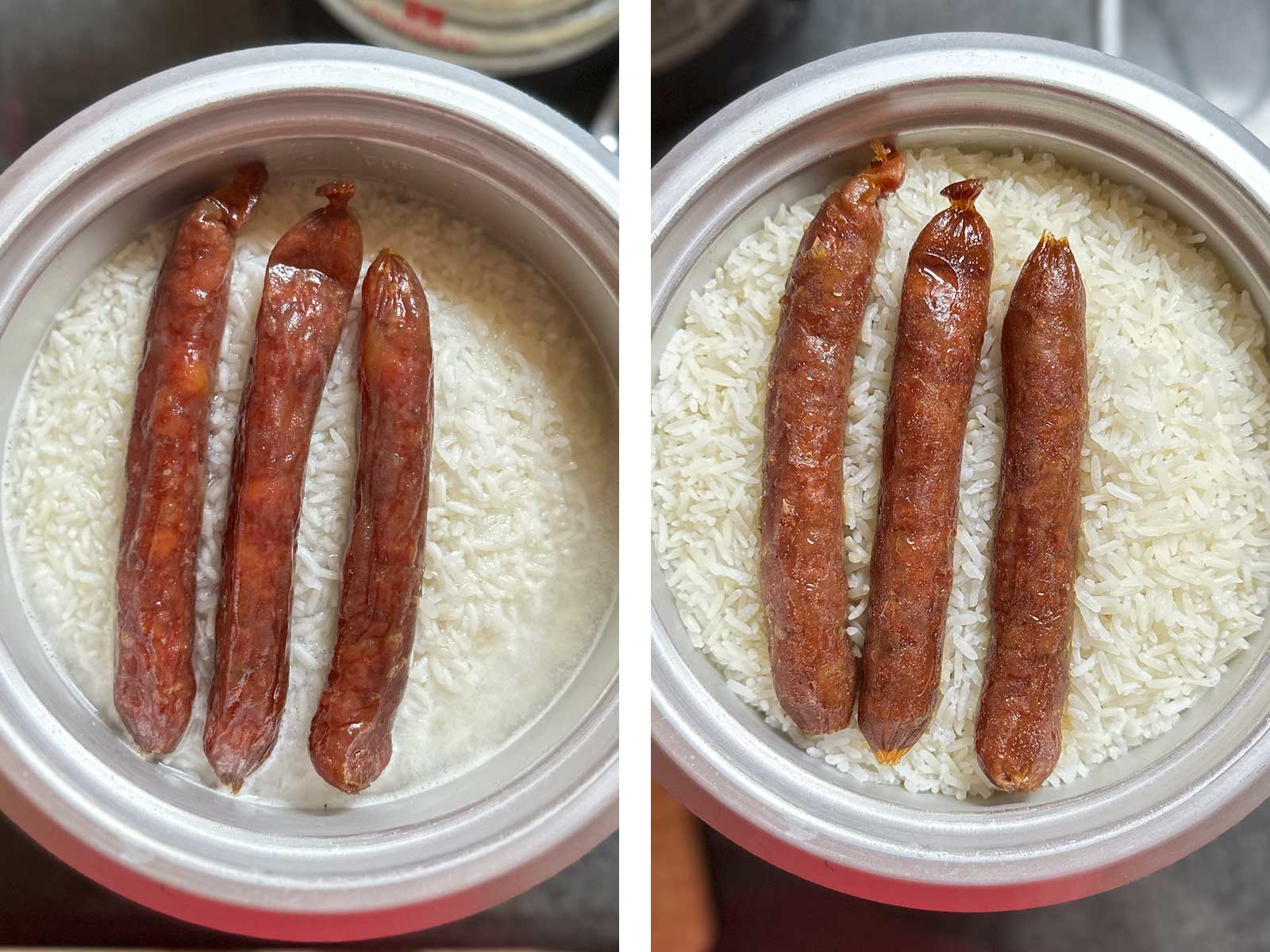 Chinese sausage steamed in rice cooker