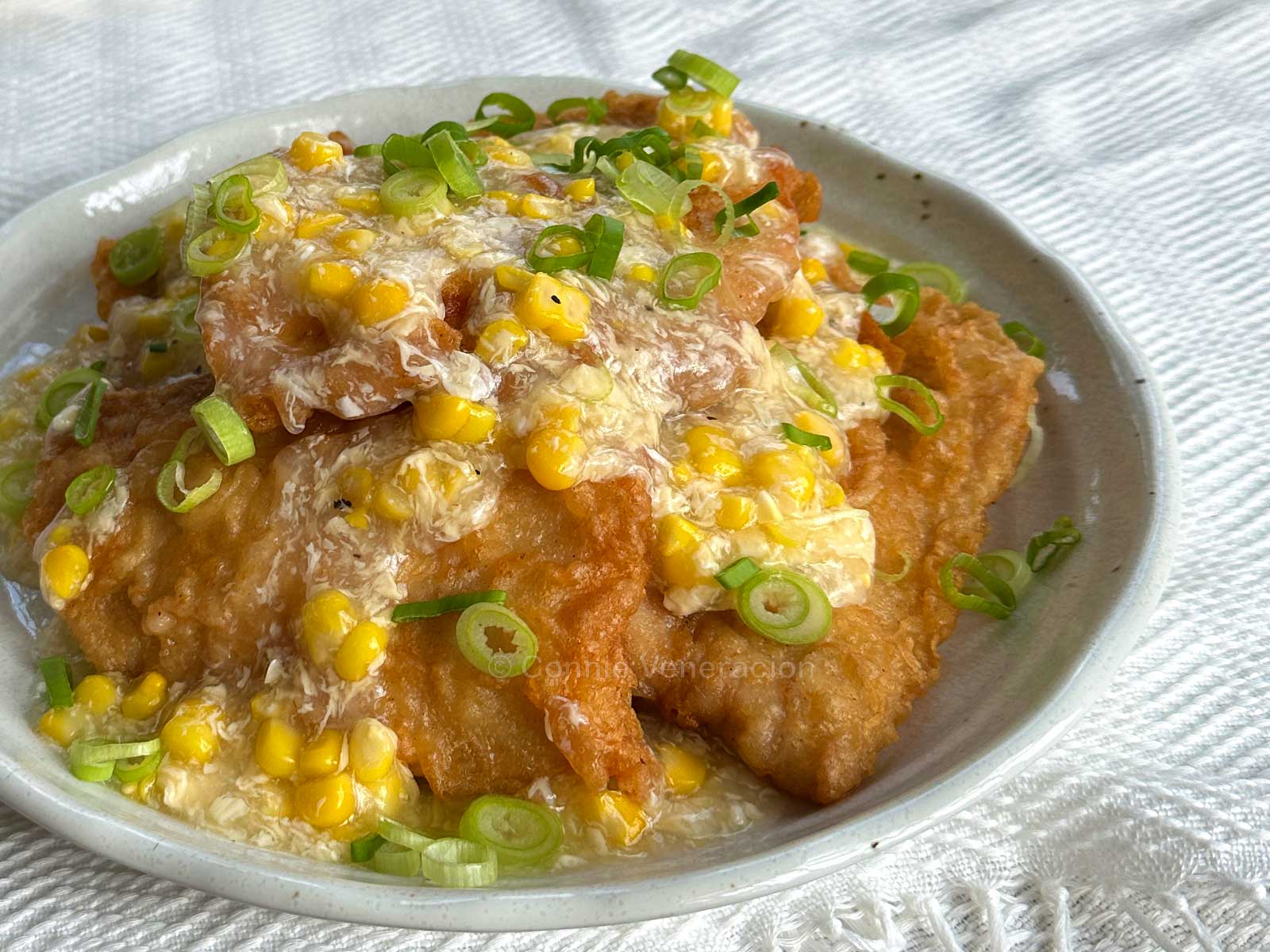Cantonese-style fried fish fillets with corn sauce