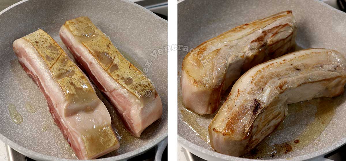 Browning slabs of pork belly in oil