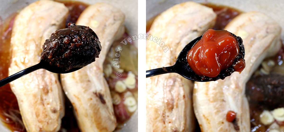 Adding black bean sauce and ketchup to browned pork belly in wok