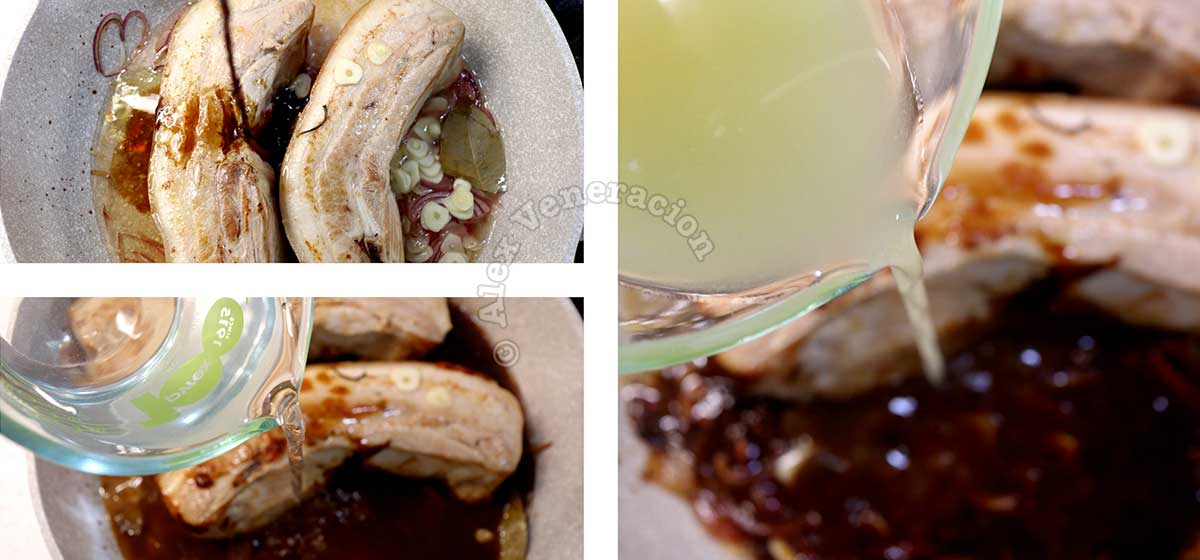 Adding soy sauce and pineapple juice to pork and spices in wok