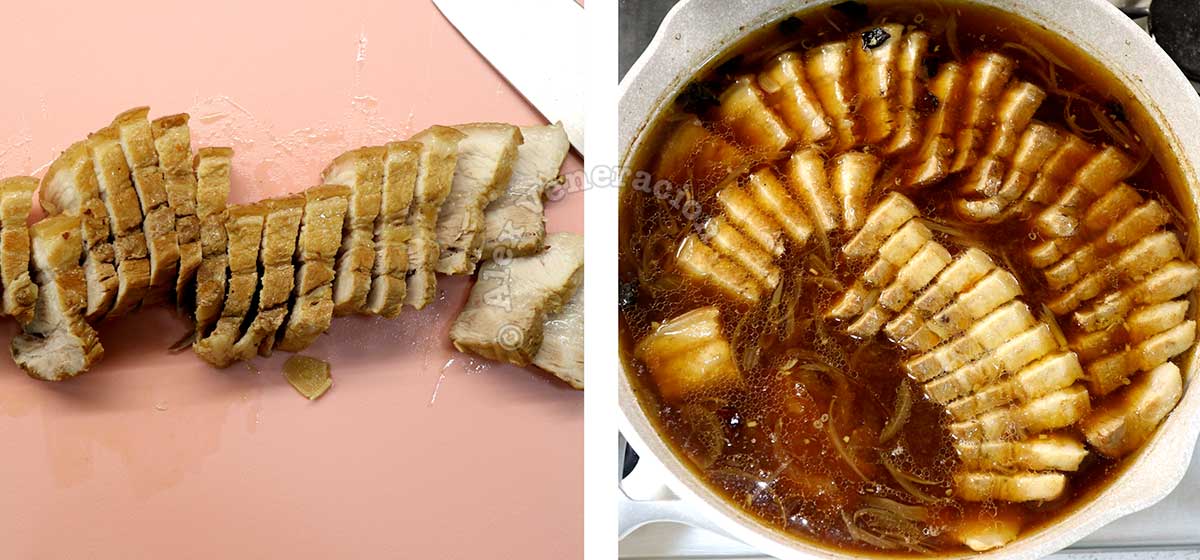 Slicing red-braised pork belly before simmering again