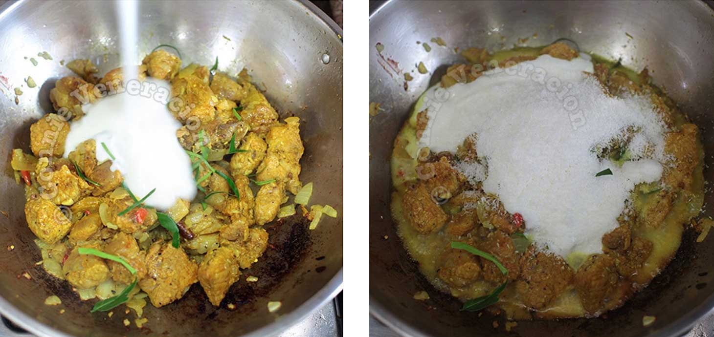 Pouring coconut milk over browned pork in pan