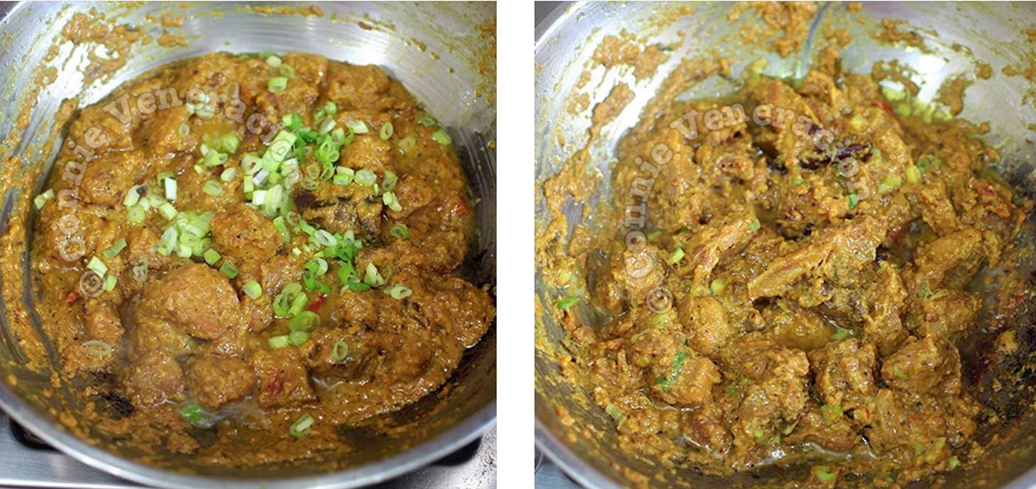 Cooked pork rendang (wet and dry stages)