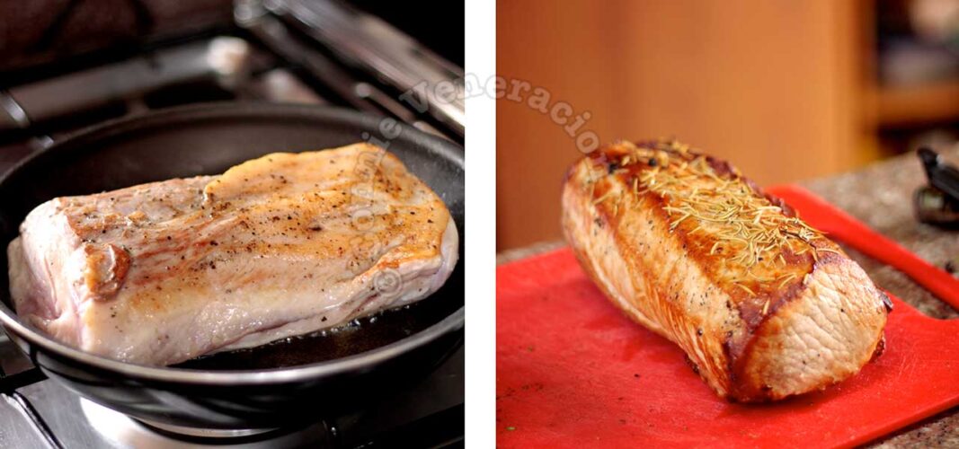 Browning pork in pan before roasting in the oven