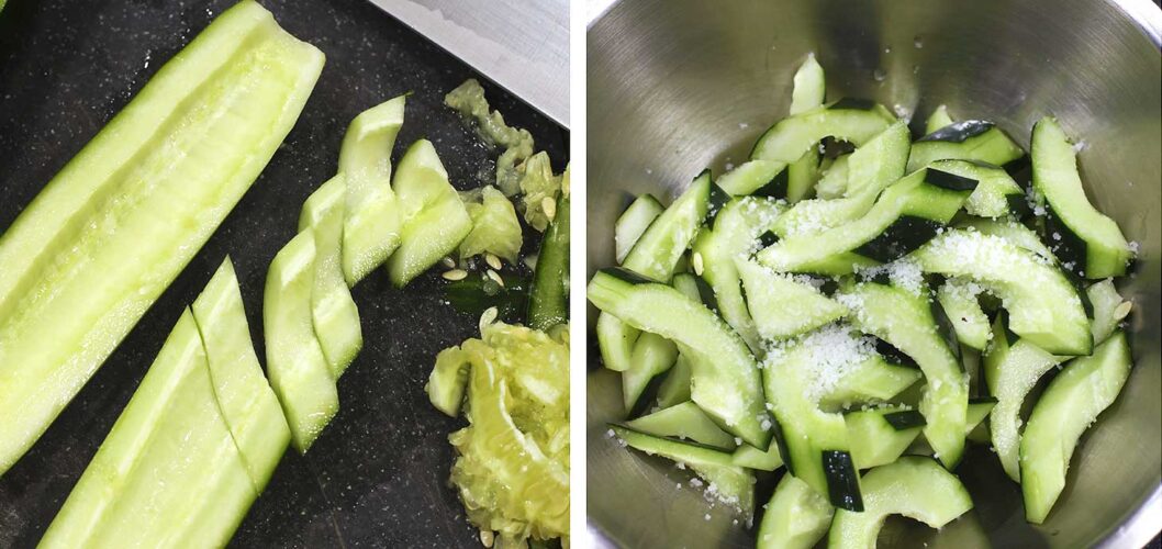 Tossing sliced cucumber with salt