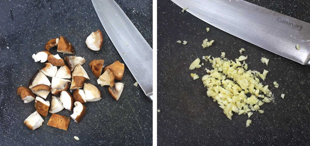 Shiitake and garlic on chopping board