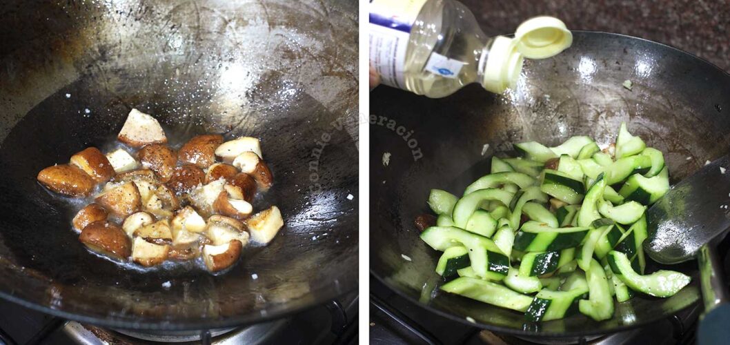 Stir frying shiitake and cucumber