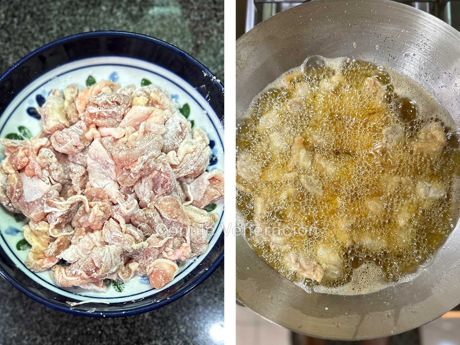 Frying chicken tossed in potato starch