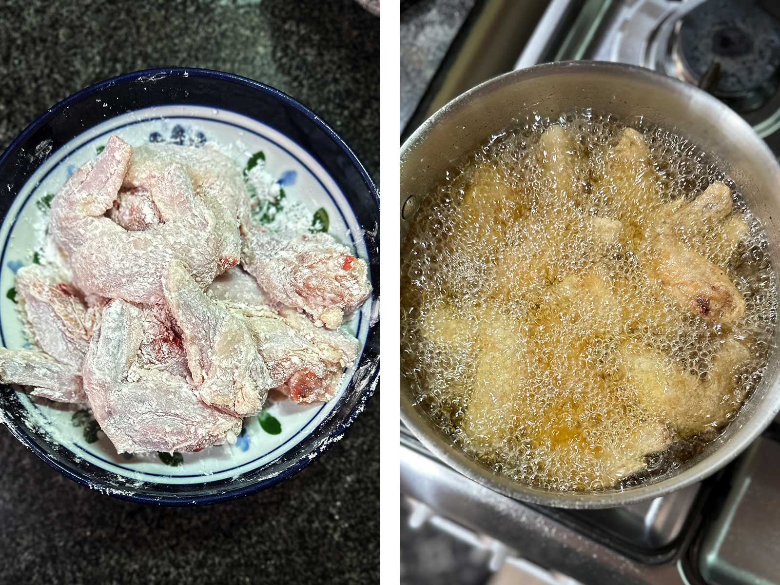 Frying chicken wings tossed in potato starch