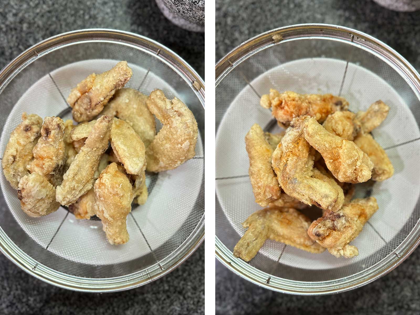 Left: chicken wings after first frying. Right: chicken wings after second frying