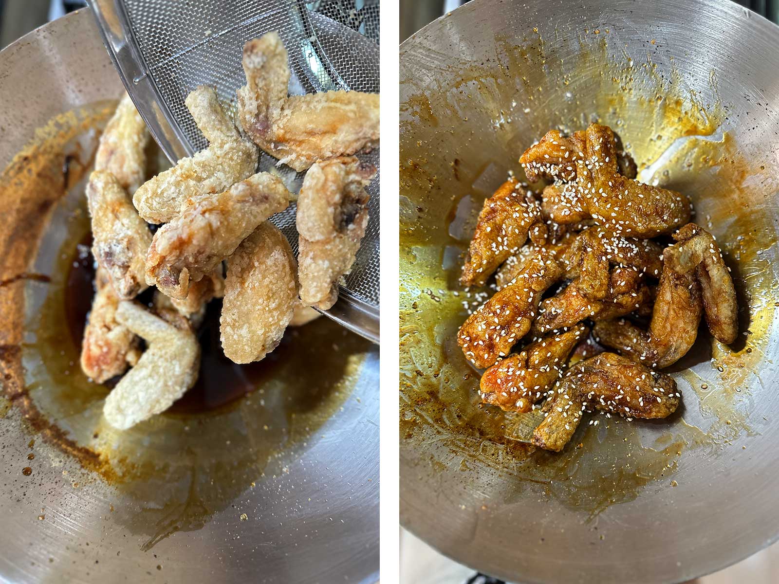 Tossing fried chicken wings in tebasaki sauce