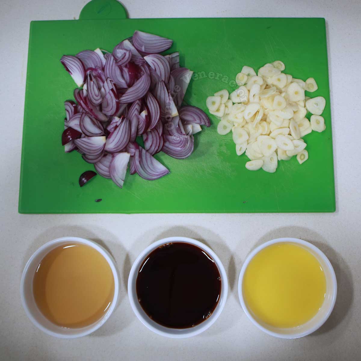 Shallots, garlic, soy sauce, fish sauce and calamansi juice