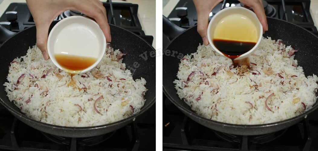 Seasoning fried rice with fish sauce and soy sauce