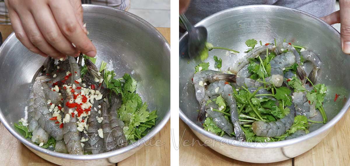 Seasoning shrimps with herbs and spices