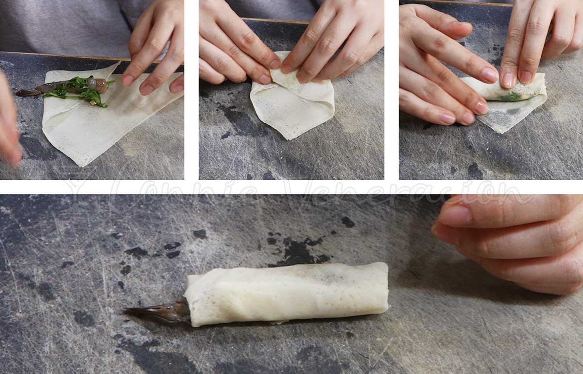 Wrapping shrimps to make spring rolls