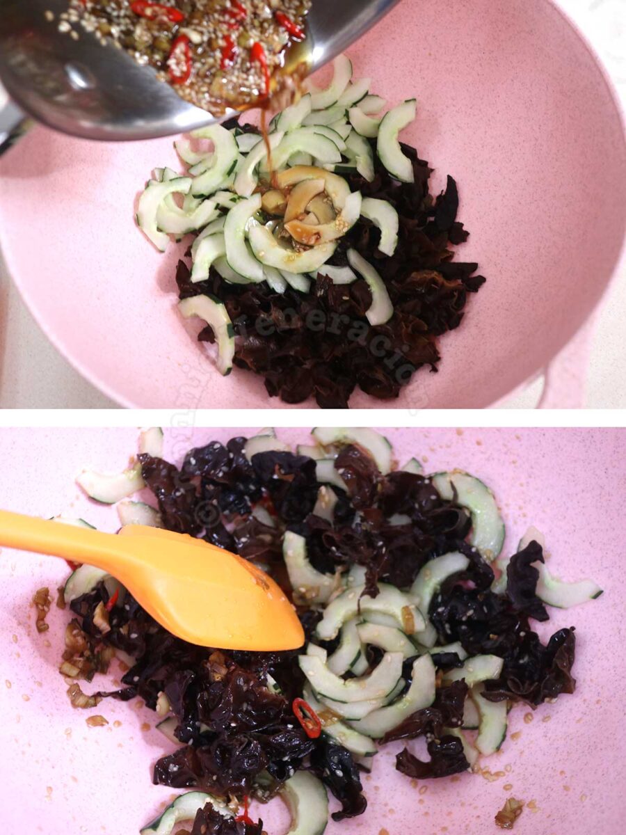 Tossing wood ears and cucumber slices with dressing