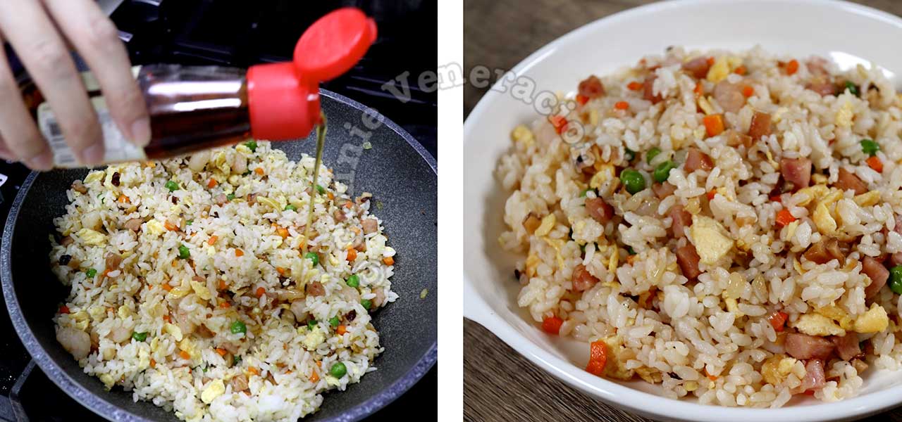 Drizzling sesame oil over fried rice