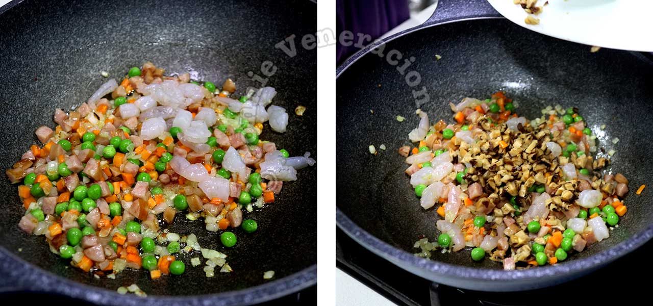 Stir frying shrimps and mushrooms to sausage and sauteed vegetables