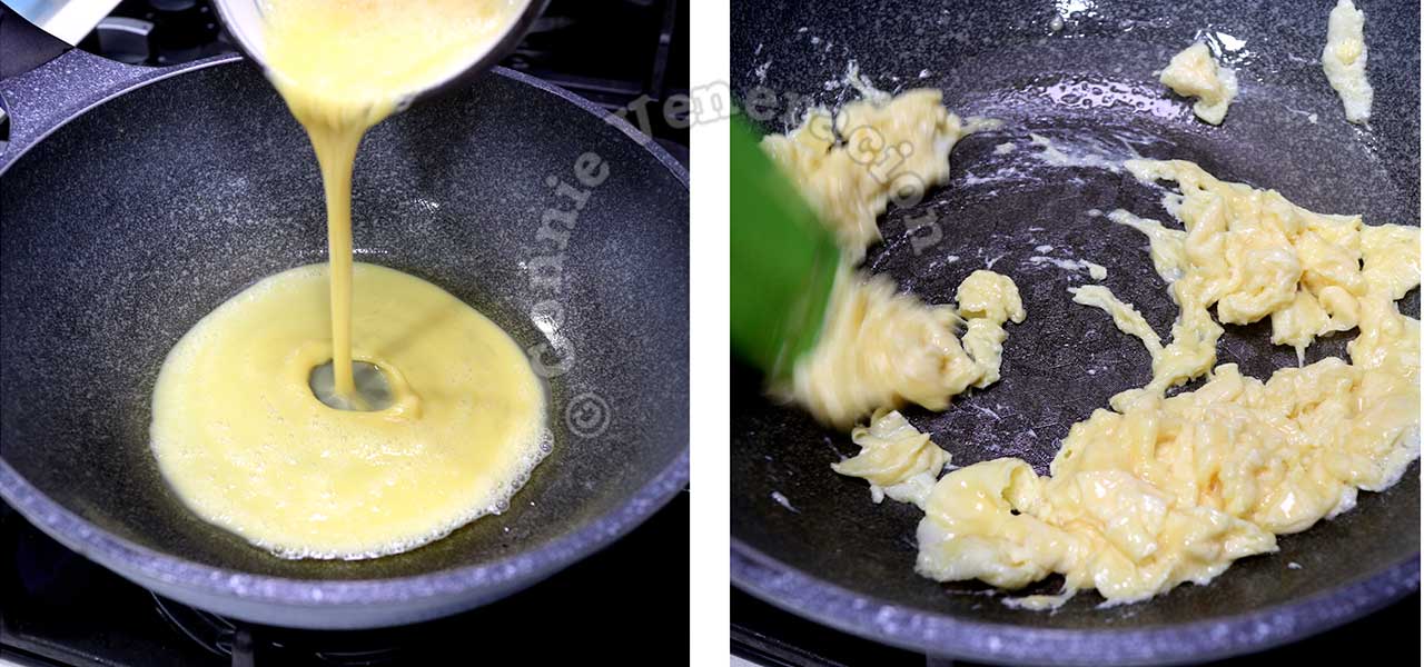 Cooking scrambled egg for yang chow fried rice