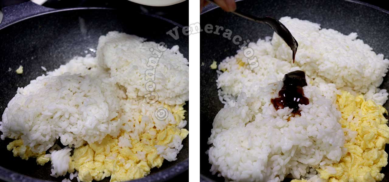 Adding rice to scrambled eggs in wok