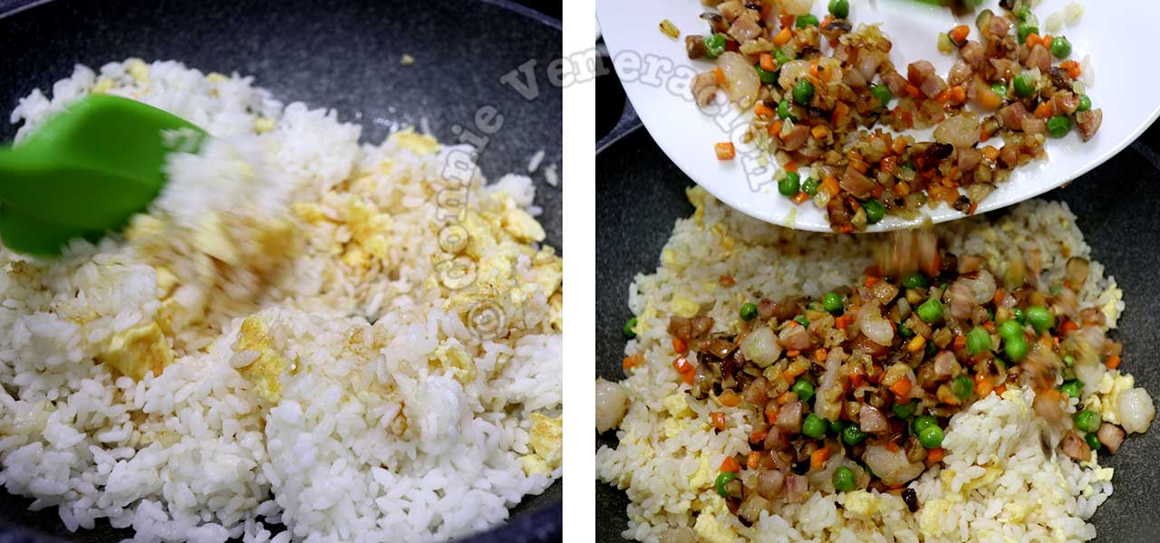 Adding vegetables, meat and seafood to rice and egg in wok