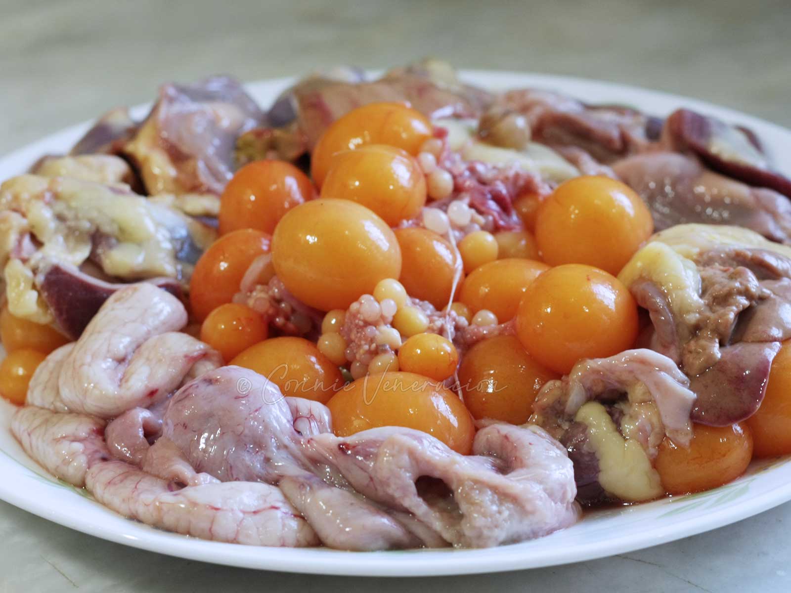 Immature chicken eggs, sacs, livers and gizzards