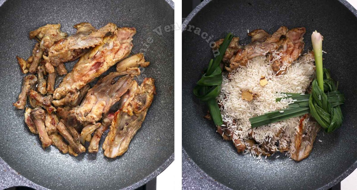 Browning chicken bones, rice and aromatics