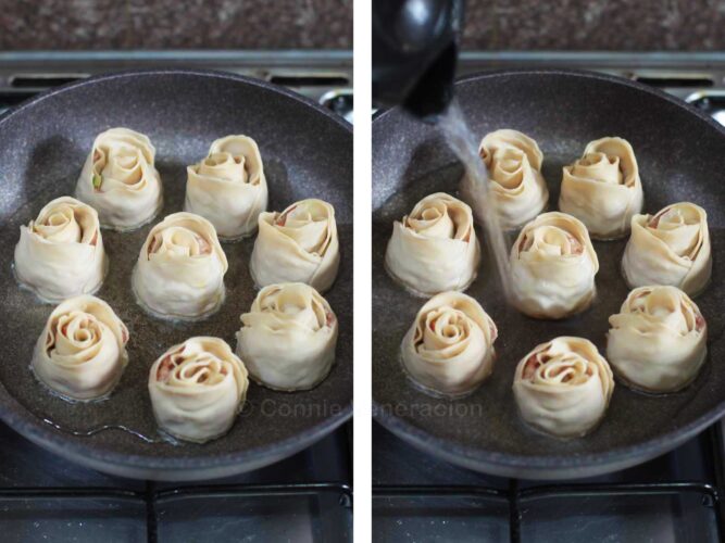 Cooking rose dumplings in pan with oil and water